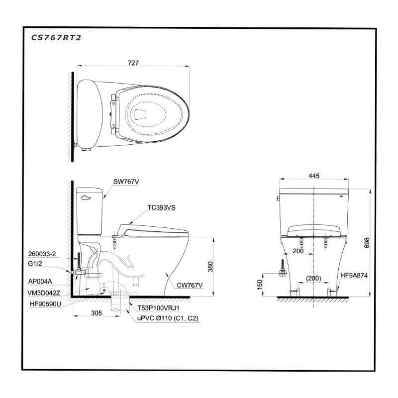 Bàn cầu hai khối TOTO CS767RT2 nắp TC393VS