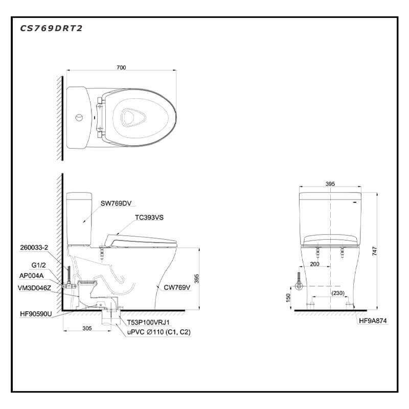 Bàn cầu hai khối TOTO CS769DRT2 nắp TC393VS