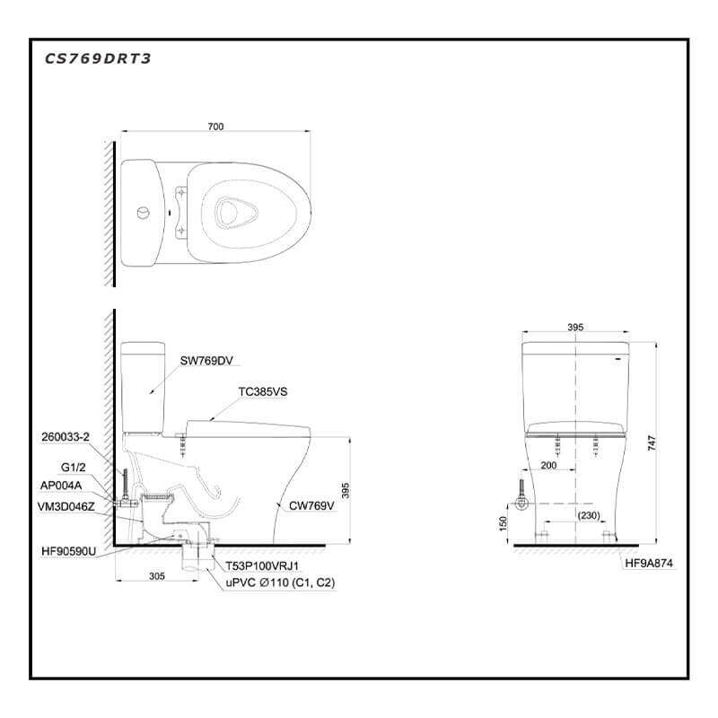Bàn cầu hai khối TOTO CS769DRT3 nắp TC385VS