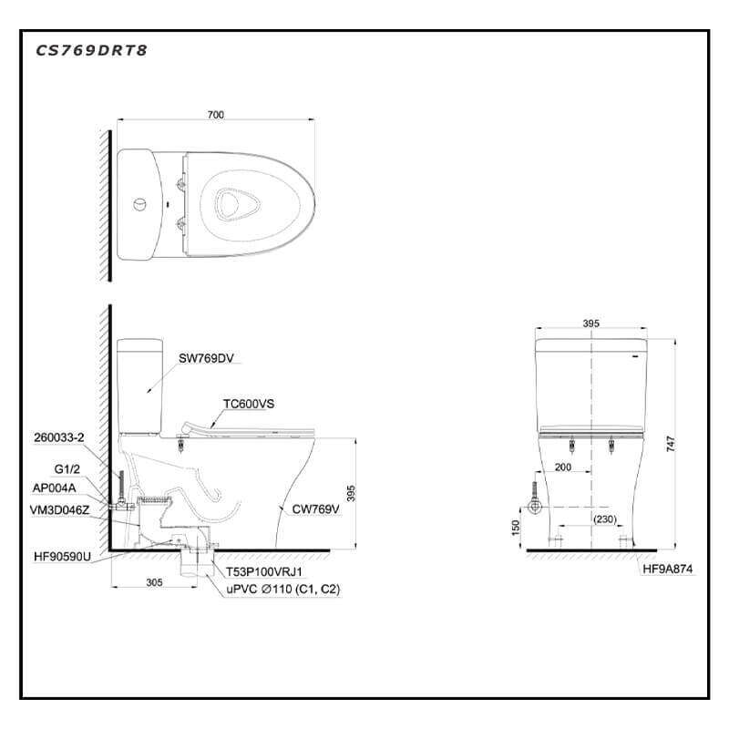 Bàn cầu hai khối TOTO CS769DRT8 nắp TC600VS