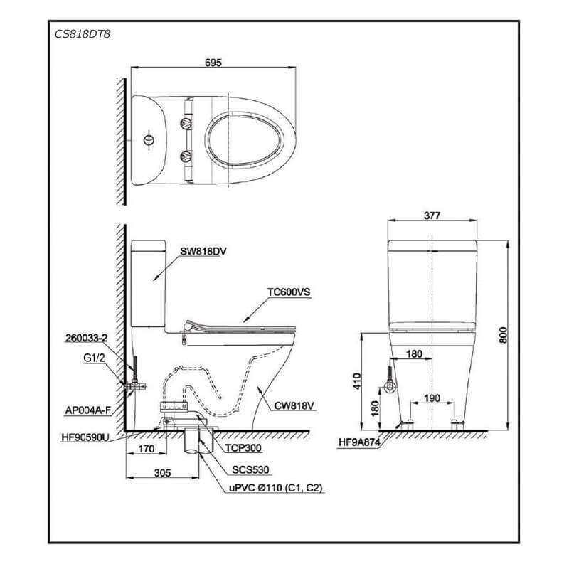 Bàn cầu hai khối TOTO CS818DT8 nắp TC600VS
