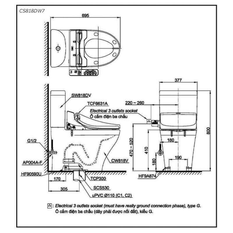 Bàn cầu hai khối TOTO CS818DW7 nắp rửa điện tử WASHLET