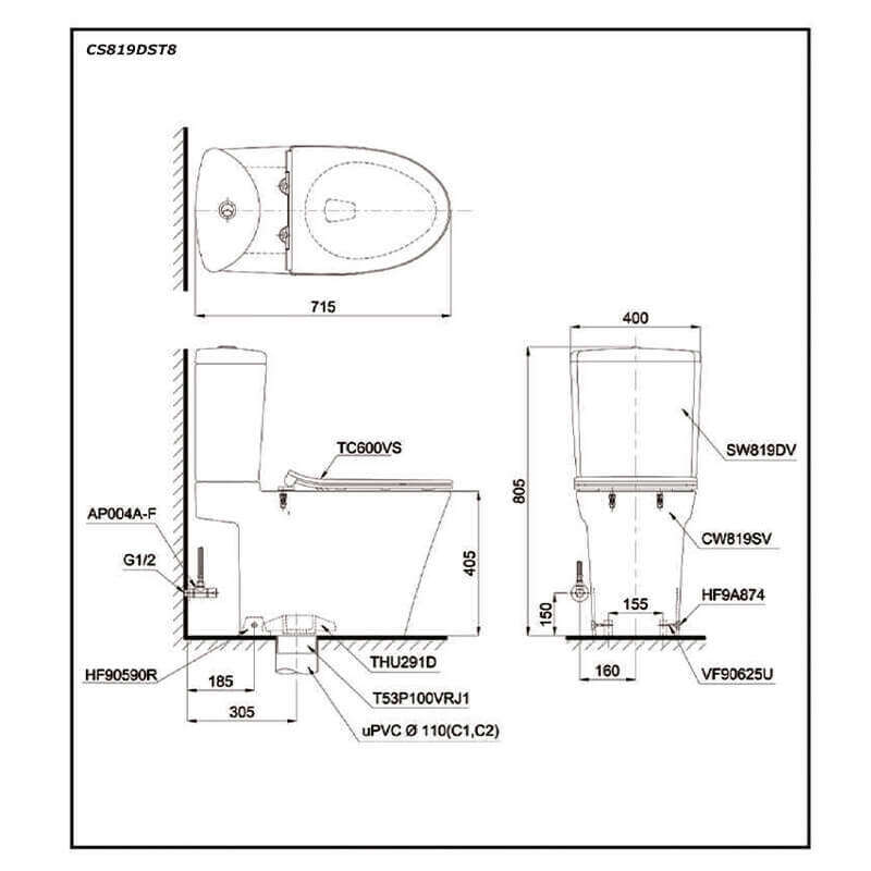 Bàn cầu hai khối TOTO CS819DST8 nắp TC600VS