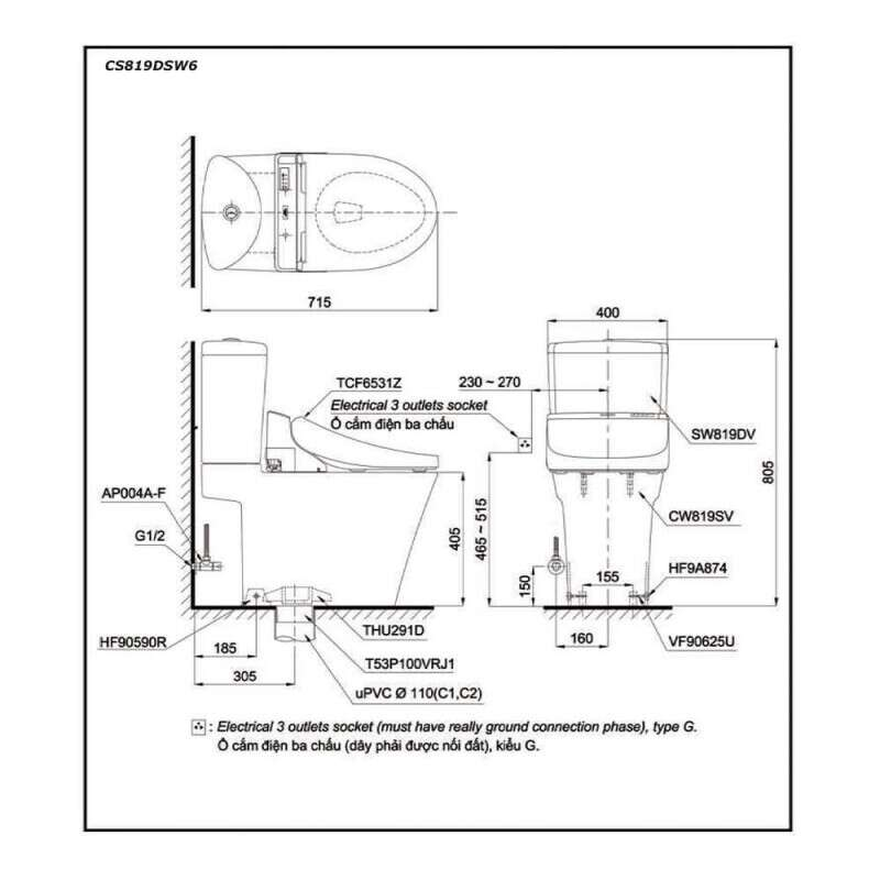 Bàn cầu hai khối TOTO CS819DSW6 nắp rửa điện tử WASHLET