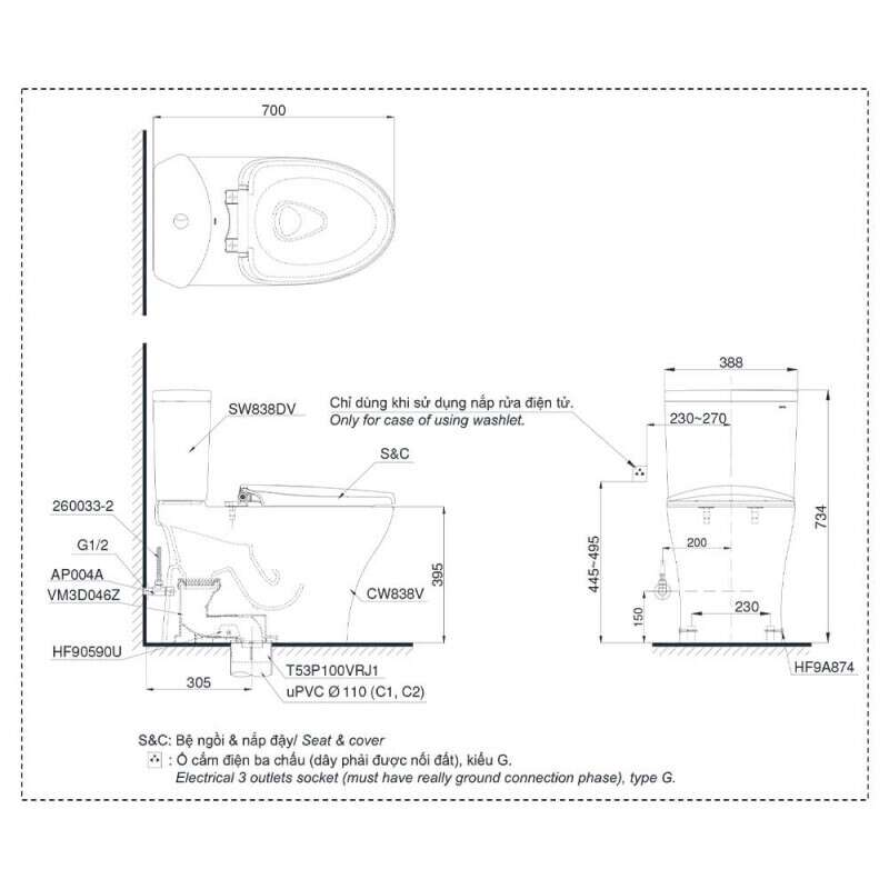 Bàn cầu hai khối TOTO CS838DW11 nắp rửa điện tử WASHLET