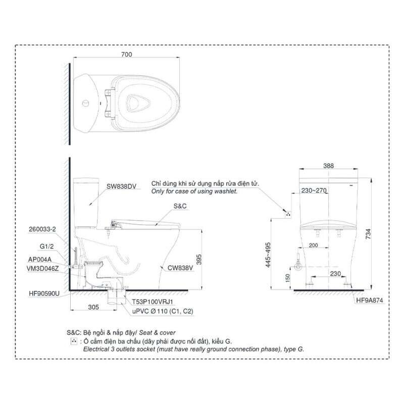 Bàn cầu hai khối TOTO CS838DW6 nắp rửa điện tử WASHLET