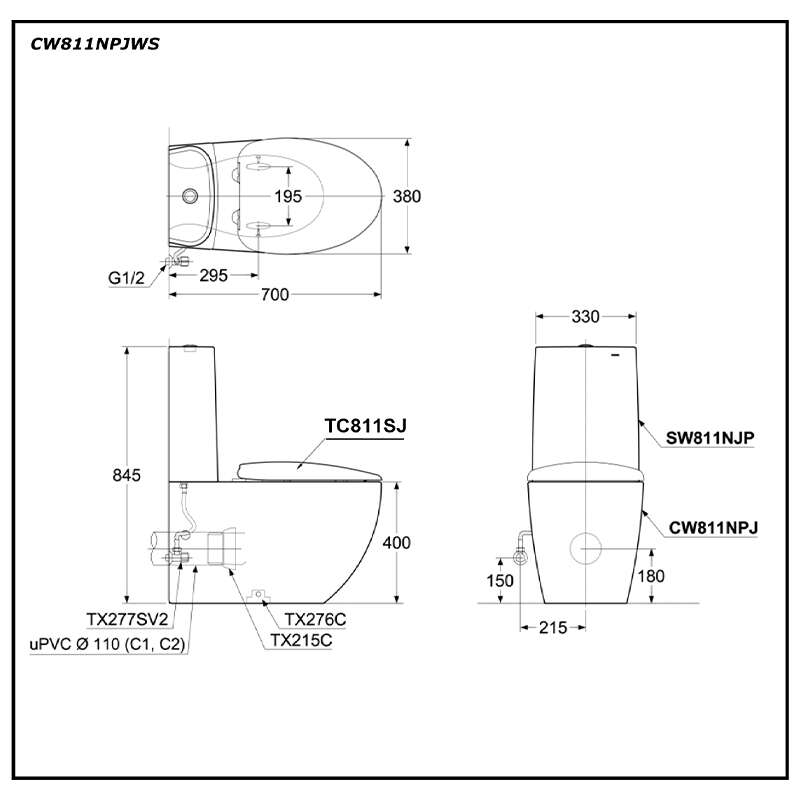 Bàn cầu hai khối TOTO CW811PJWS/SW811JPWF/TX215C