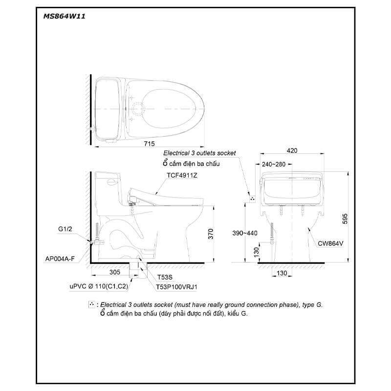Bàn cầu một khối TOTO MS864W11 kèm nắp rửa điện tử WASHLET
