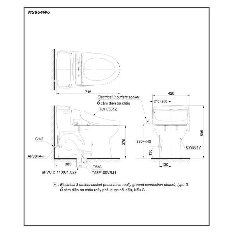 Bàn cầu một khối MS864W6 kèm nắp rửa điện tử WASHLET TOTO
