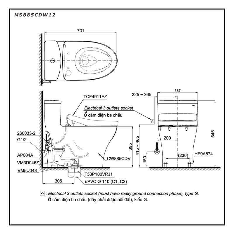 Bàn cầu một khối TOTO MS885CDW12 kèm nắp rửa điện tử WASHLET