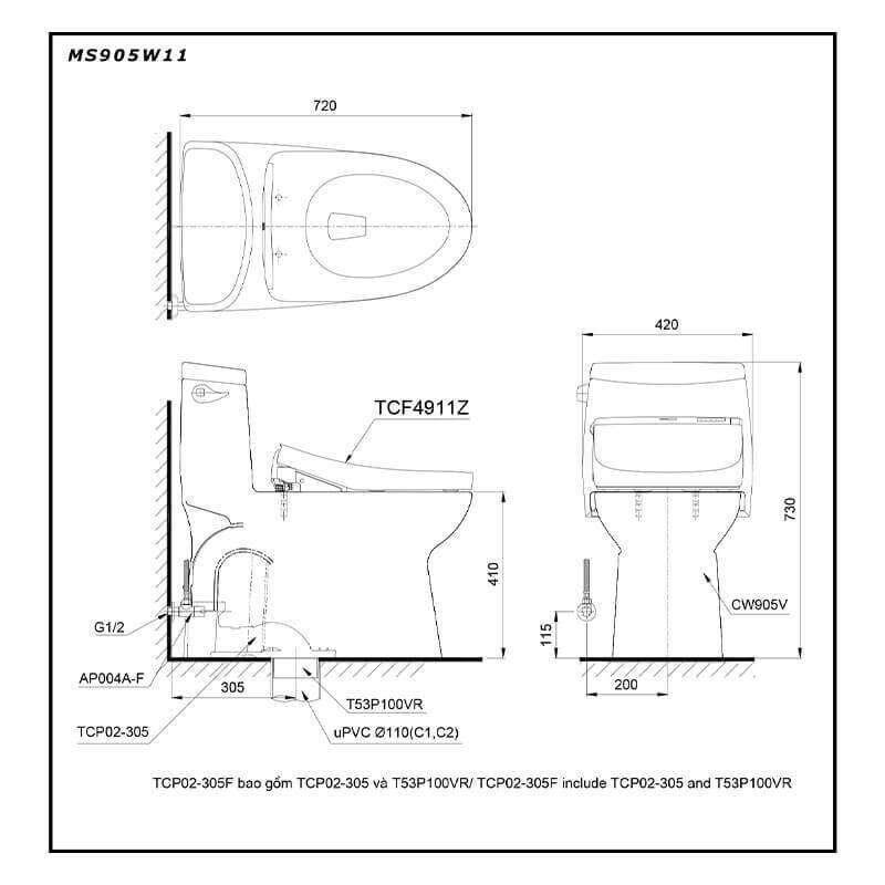 Bàn cầu một khối TOTO MS905W11 kèm nắp rửa điện tử WASHLET