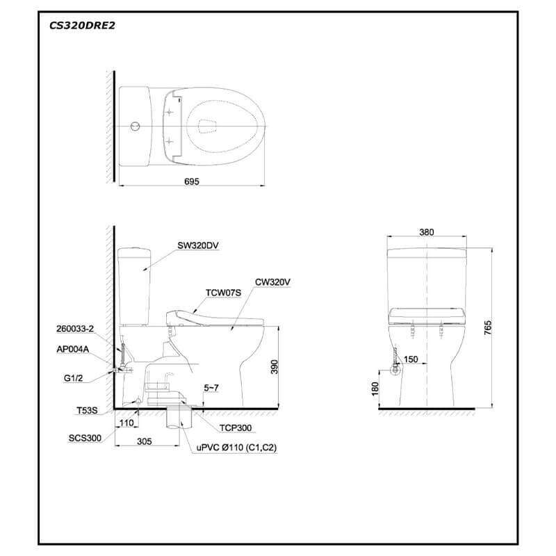 Bàn cầu TOTO CS320DRE2 hai khối nắp cơ