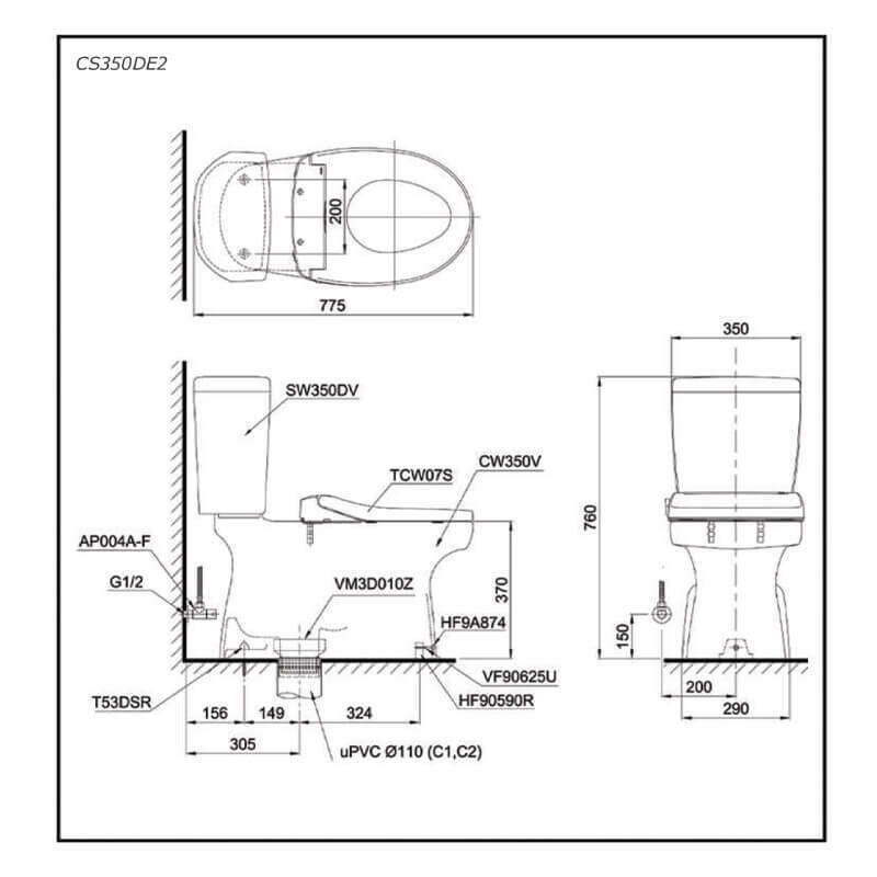 Bàn cầu TOTO CS350DE2 hai khối nắp cơ