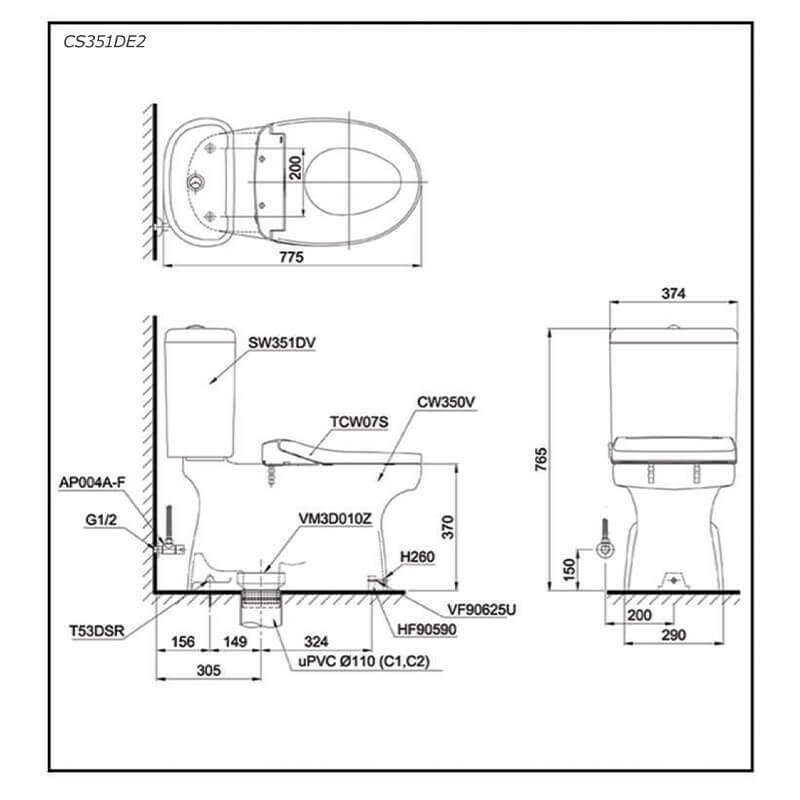 Bàn cầu TOTO CS351DE2 hai khối nắp cơ