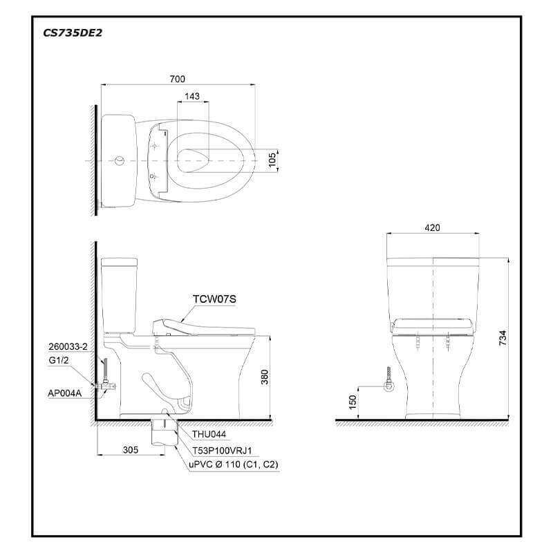 Bàn cầu TOTO CS735DE2 hai khối nắp cơ