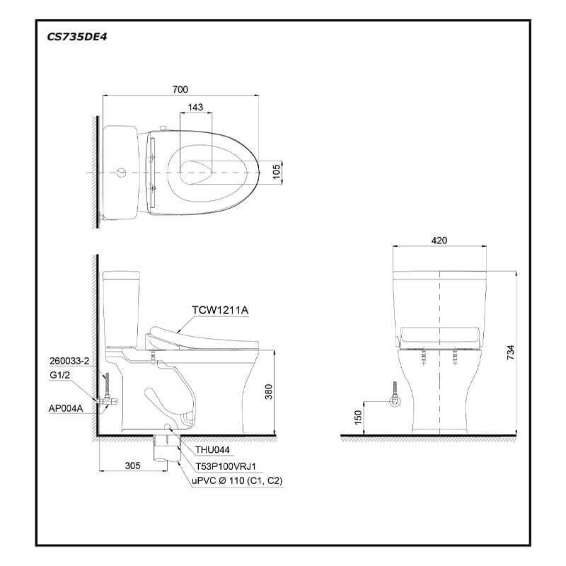 Bàn cầu TOTO CS735DE4 hai khối nắp cơ