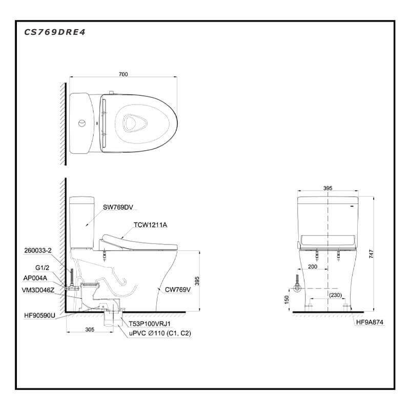Bàn cầu TOTO CS769DRE4 hai khối nắp rửa cơ
