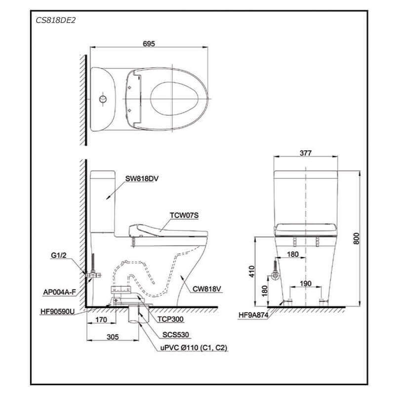 Bàn cầu TOTO CS818DE2 hai khối nắp cơ