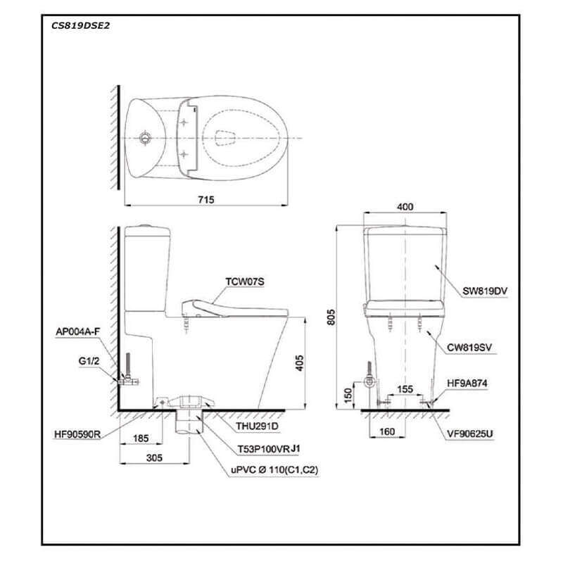 Bàn cầu TOTO CS819DSE2 hai khối nắp cơ