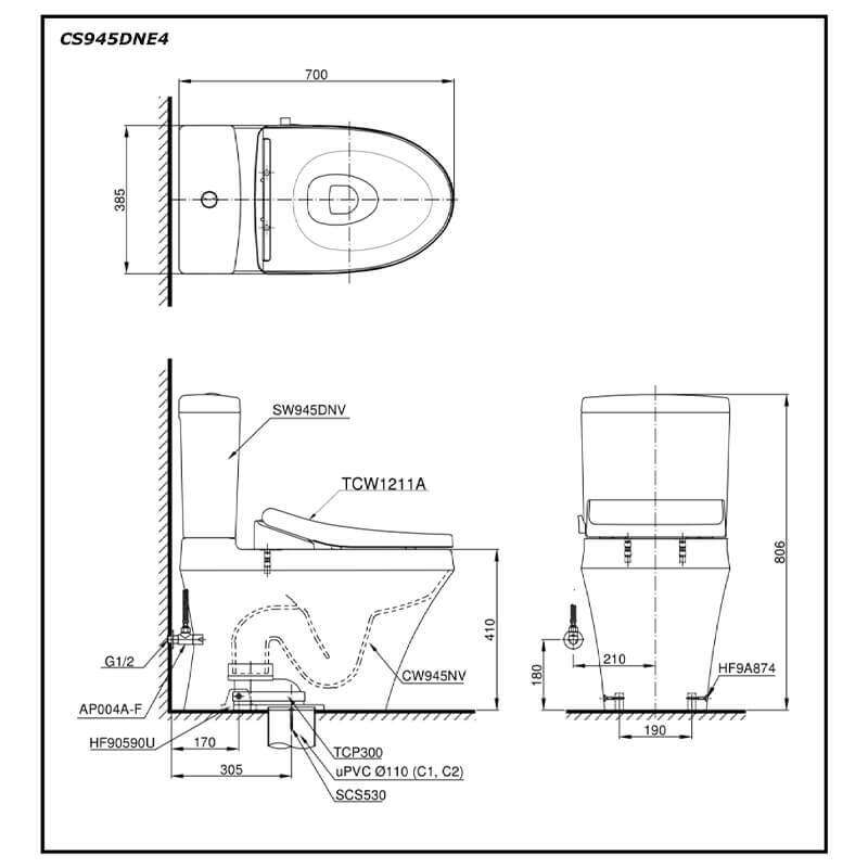 Bàn cầu TOTO CS945DNE4#XW hai khối nắp rửa cơ