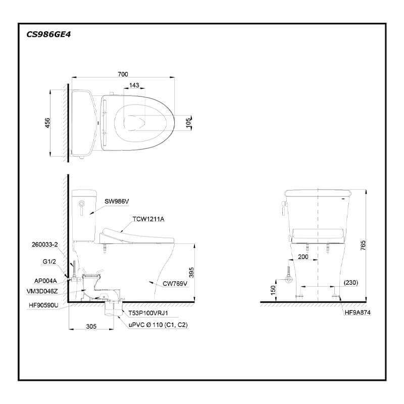Bàn cầu TOTO CS986GE4 hai khối nắp rửa cơ