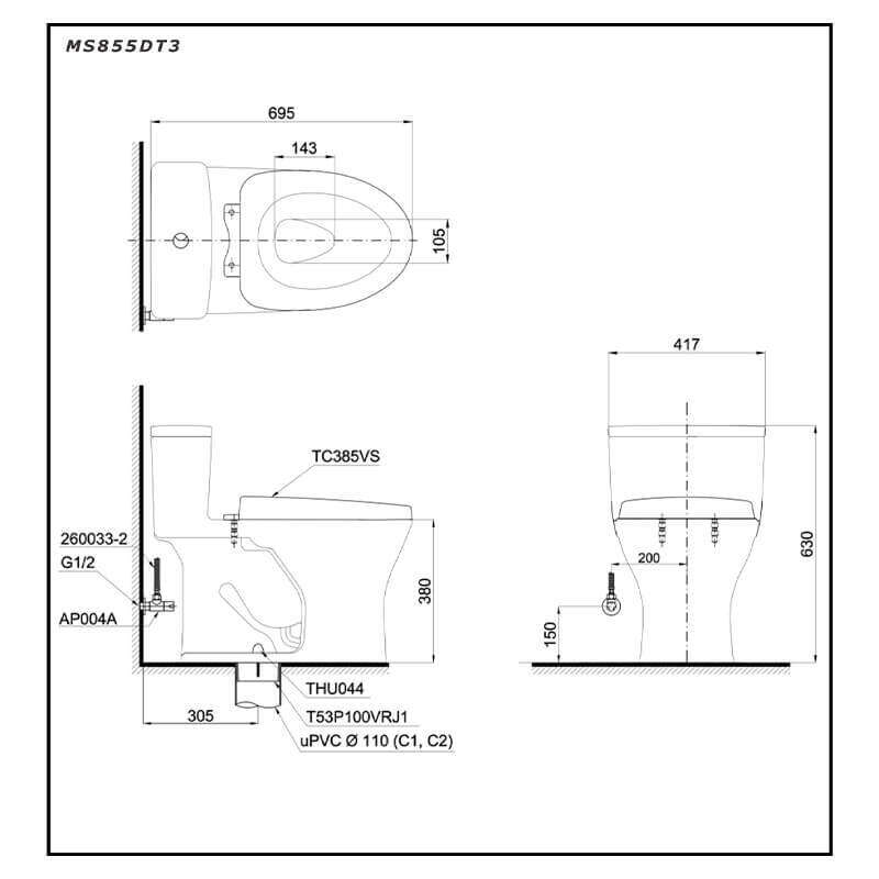 Bàn Cầu TOTO MS855DT3 một khối nắp đóng êm TC385VS