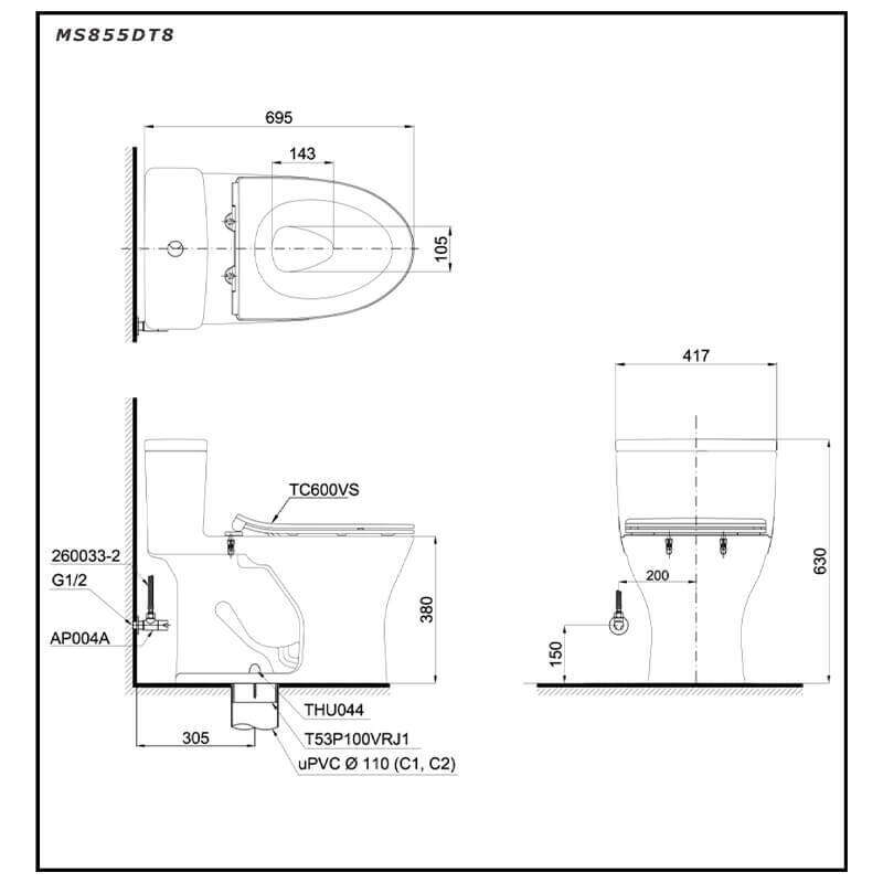 Bàn Cầu TOTO MS855DT8 một khối nắp đóng êm TC600VS