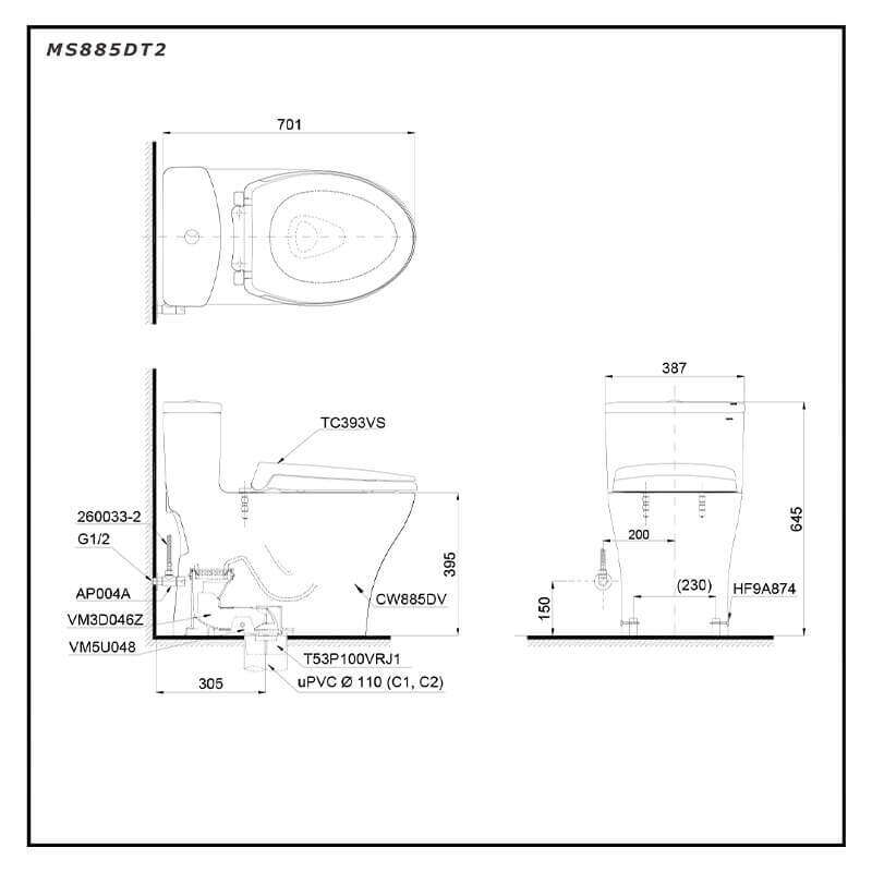 Bàn Cầu TOTO MS885DT2 một khối nắp đóng êm TC393VS