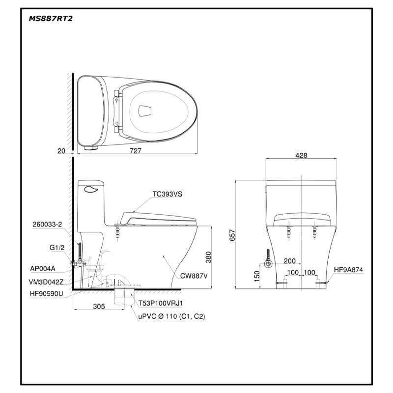 Bàn Cầu TOTO MS887RT2 một khối nắp đóng êm TC393VS