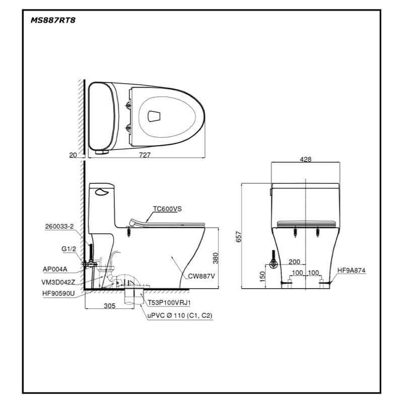Bàn Cầu TOTO MS887RT8 một khối nắp đóng êm TC600VS