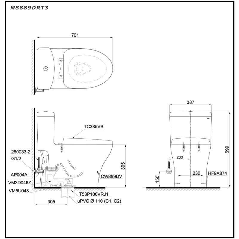 Bàn Cầu TOTO MS889DRT3 một khối nắp đóng êm TC385VS