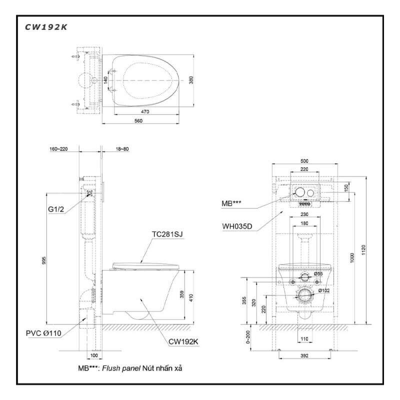 Bàn cầu treo tường TOTO CW192K/TC281SJ