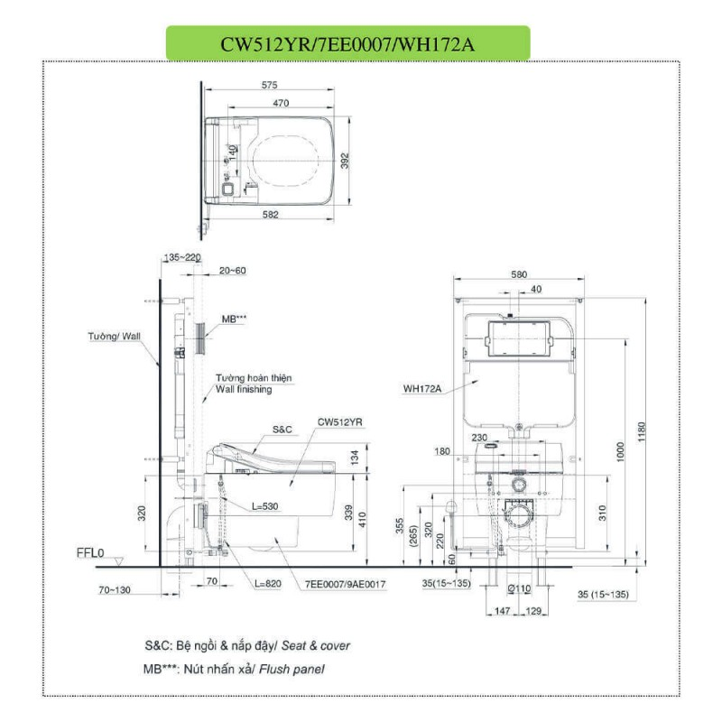 Bàn cầu treo tường TOTO CW512YR/7EE0007/TC501CVK