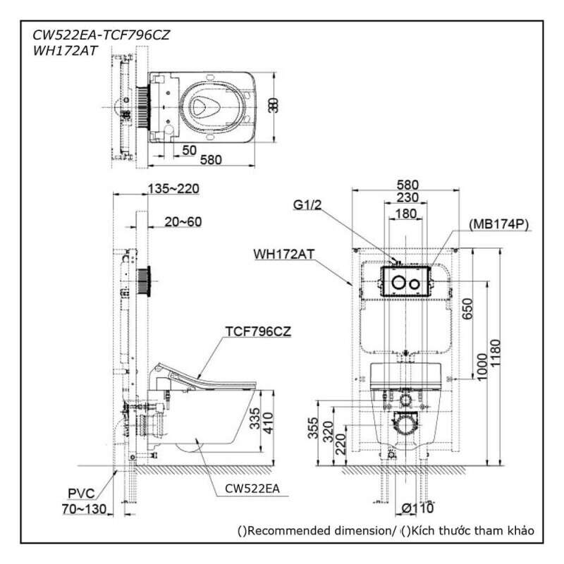 Bàn cầu treo tường TOTO CW522EA/TCF796CZ/WH172AT/MB171M#SS