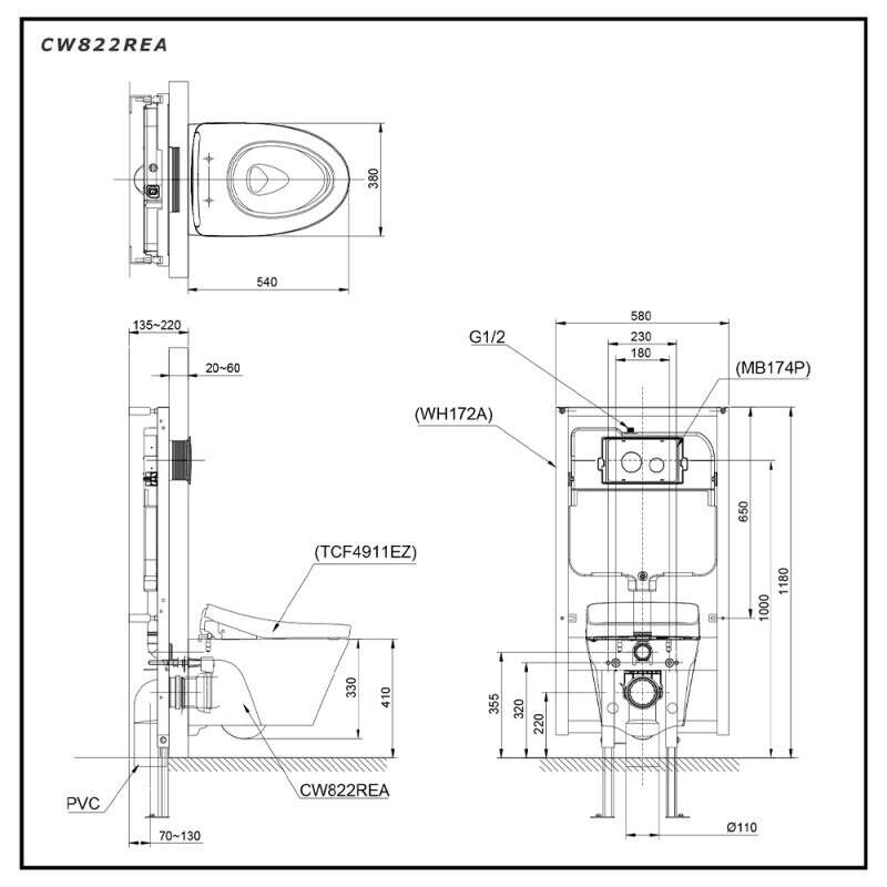 Bàn cầu treo tường TOTO CW822REA/TCF4911EZ/WH172AAT/TCA464/MB170P#SS