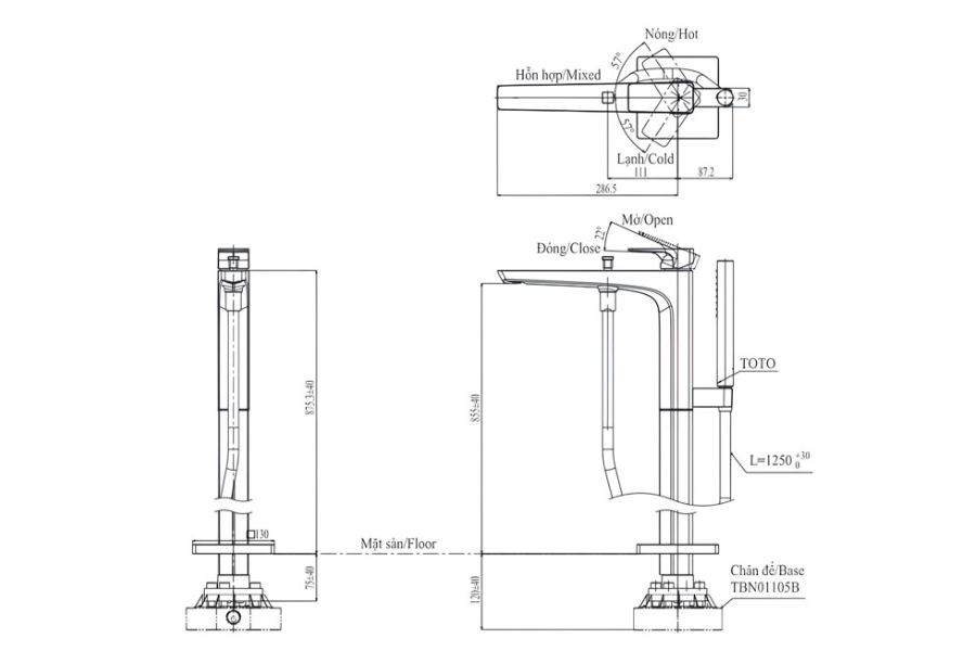 Vòi xả bồn tắm nóng lạnh TOTO TBG07306AA kèm sen tắm GE (Loại đặt sàn)