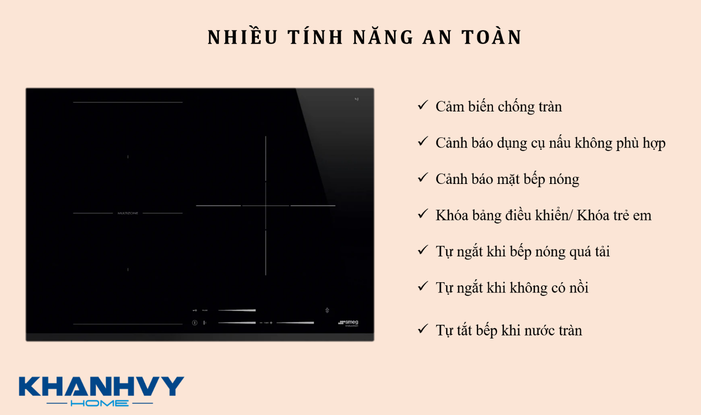 Bếp từ đa chức năng Smeg SI1M7733B 536.64.081 được trang bị nhiều tính năng an toàn cho quá trình nấu nướng của gia đình bạn