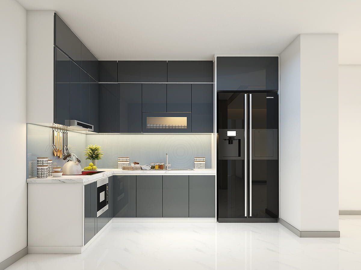 Tủ bếp acrylic có bề mặt bóng nên cũng dễ dàng làm sạch, lau chùi