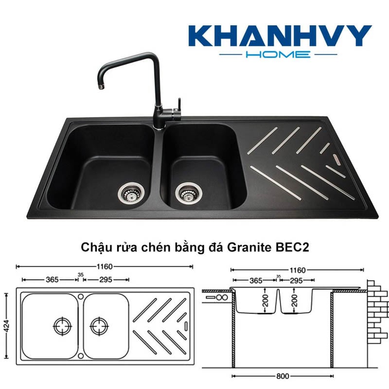 Thiết kế chậu rửa Carysil đá phù hợp với không gian bếp rộng