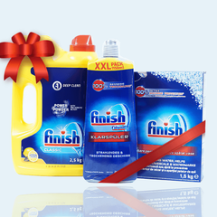Combo Bột rửa bát Finish 2.5KG LEMON + Muối 1.5KG + Nước bóng 1150ML