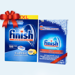 Combo Viên rửa bát Finish CLASSIC LEMON 100V + Muối 1.5KG
