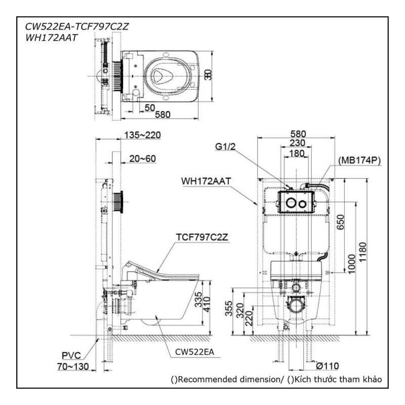 Bàn cầu treo tường TOTO CW522EA/TCF797C2Z/WH172AAT nắp rửa điện tử WASHLET