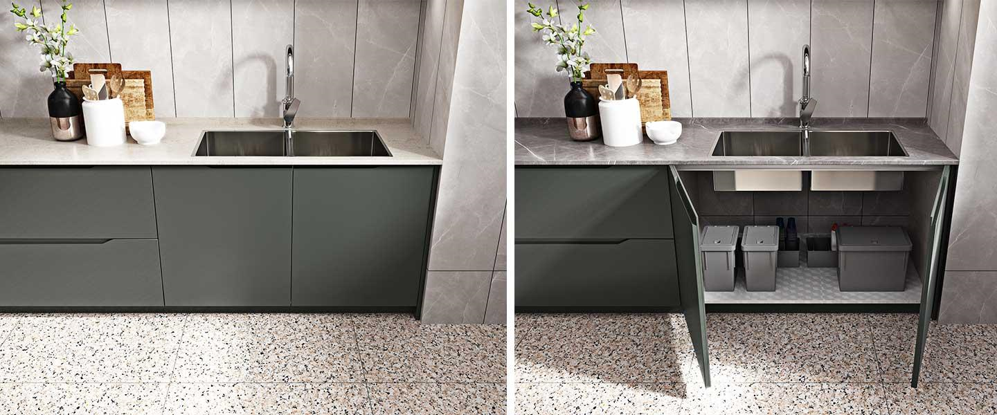 Tủ bếp không tay nắm là một thiết kế nhà bếp không có tay cầm trên các hệ tủ hoặc ngăn kéo, tạo nên sự hiện đại và tinh gọn