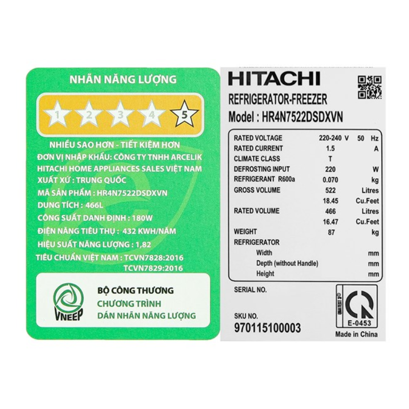 Tủ lạnh Hitachi HR4N7522DSDXVN 466 lít