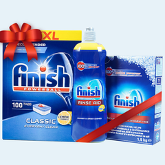 Combo Viên rửa bát Finish CLASSIC LEMON 100V + Muối 1.5KG + Nước bóng 750ML