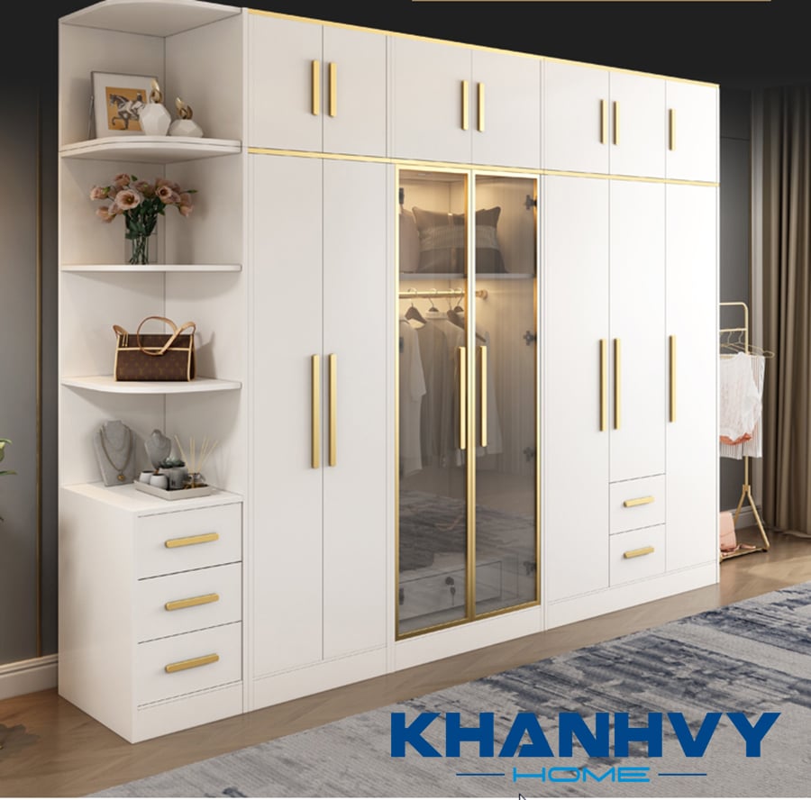 Tủ quần áo nhôm kính có thiết kế sang trọng, kết hợp giá đặt đồ trang trí