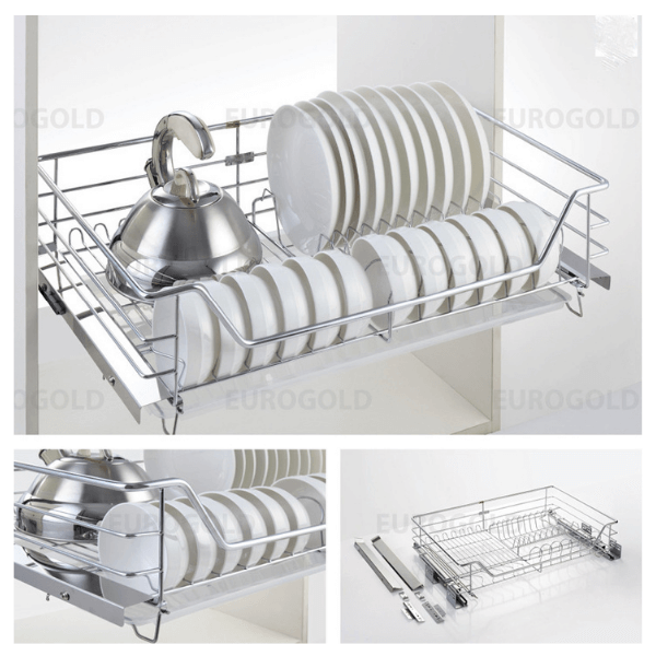 Kệ bát đĩa inox nan âm tủ - gắn cánh, ray giảm chấn Eurogold EG6260