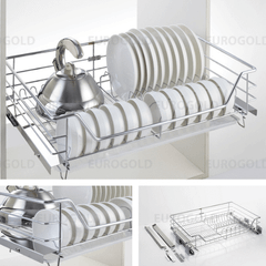 Kệ bát đĩa inox nan âm tủ - gắn cánh, ray giảm chấn Eurogold EG6270