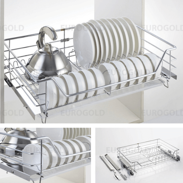 Kệ bát đĩa inox nan âm tủ - gắn cánh, ray giảm chấn Eurogold EG6275