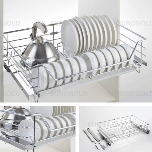 Kệ bát đĩa inox nan âm tủ - gắn cánh, ray giảm chấn Eurogold EG6290